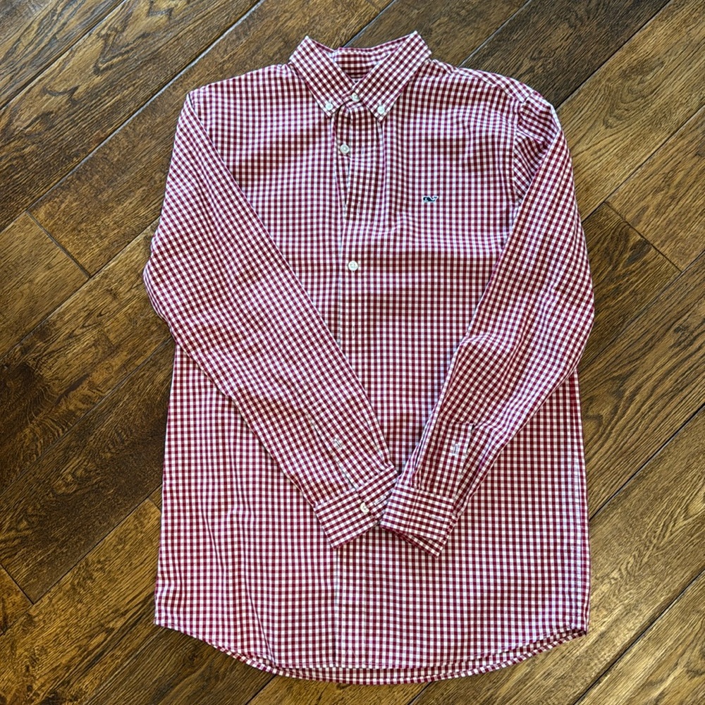 EUC boys Vineyard Vines red White checkered oxford XL (18)